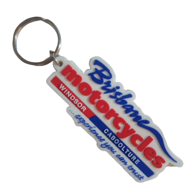 Custom rubber keychains for motorcycle dealership with 3 colour 2D logo on the font.