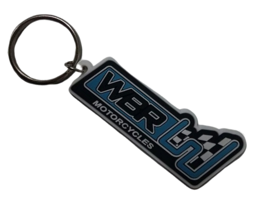 Rubber keyrings for Motorcycle and Mower repair shop with 2D logo painted in 3 colours on the front.