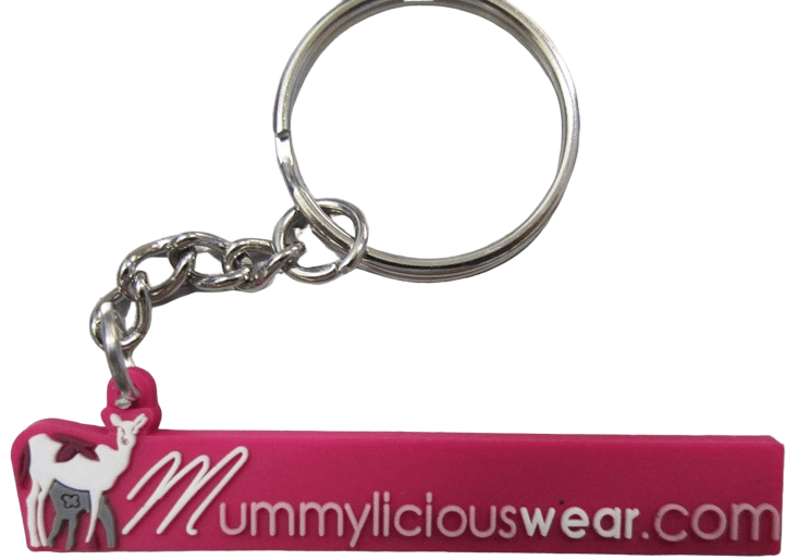Custom rubber keychains for female fashion retailer with 2D 3 colour logo on the front.