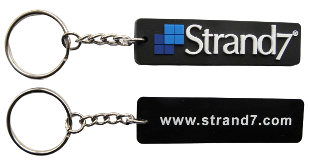Rubber keychains for software development company. It has a 3-colour logo on the front in 2D and-1 colour print on the back.
