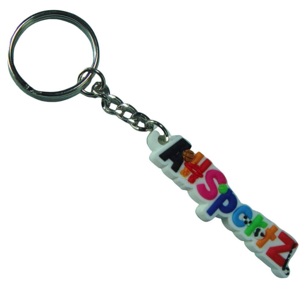 Custom rubber keyrings for sporting company with multiple letters in 2D formation.