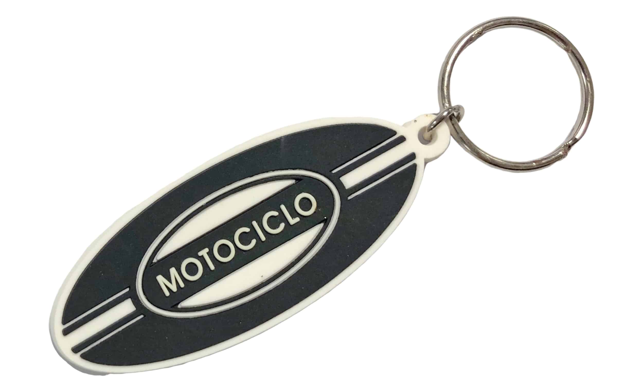Custom rubber keychain for motorcycle service and repair shop with 2 colour 2D logo on the front and 1 colour printed contact details on the back.