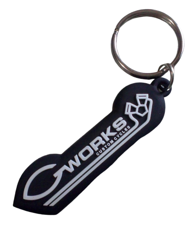 Custom rubber keychain for custom motorcycle company with 2 colour 2D logo on the front.