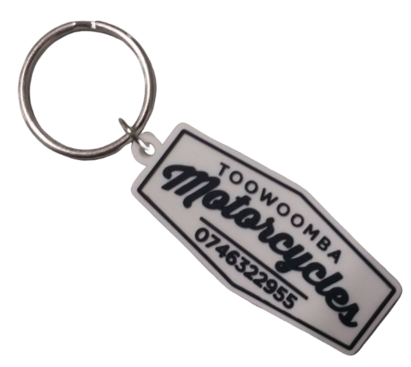 Custom rubber keyrings for a motorbike dealership. This keyring has a 1 colour-logo in 2D on ther front.