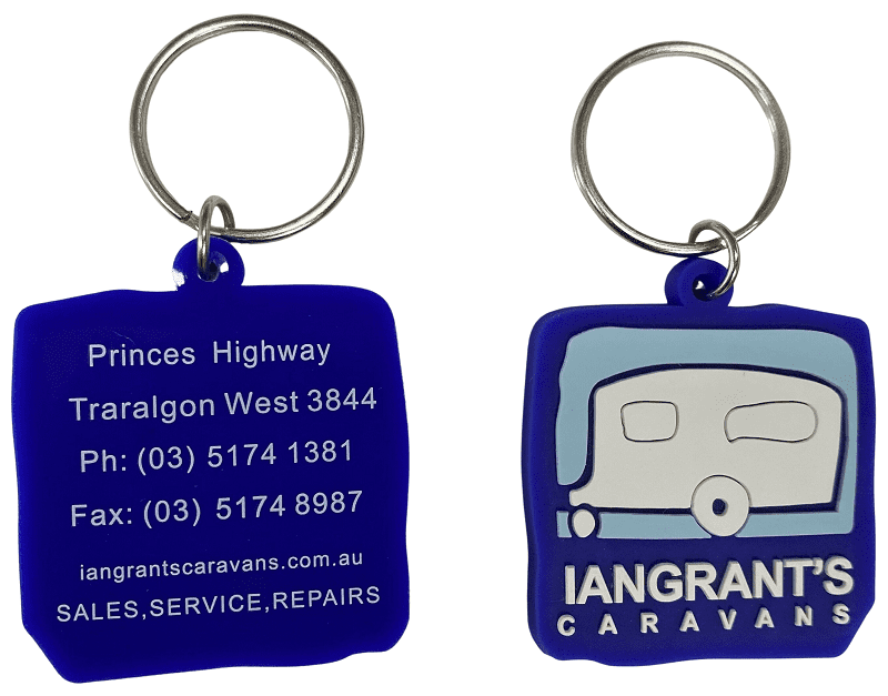 Rubber keyrings for caravan dealership with 2D logo in 2-colour on the front. It also has a 1 colour print on the back which works well for contact details.