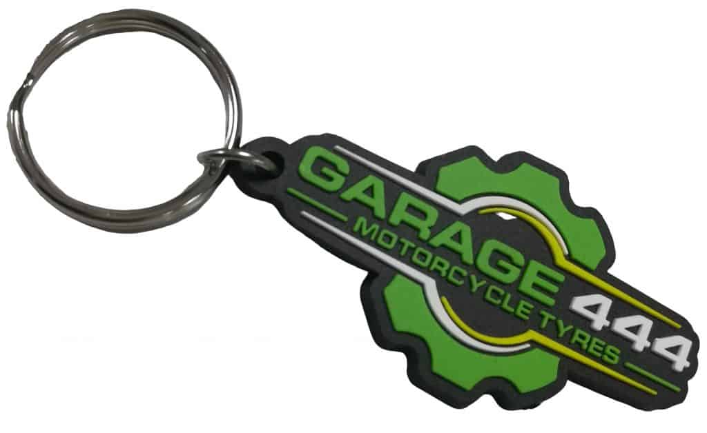 custom rubber keychain for a motorcycle tyre shop, with a three-colour 2D front logo.