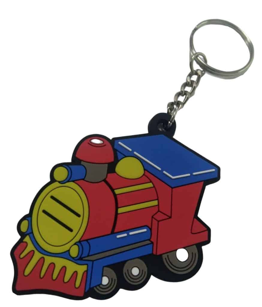 A personalised rubber keyring for a sushi bar, moulded into the shape of a train with a six-colour 2D design.