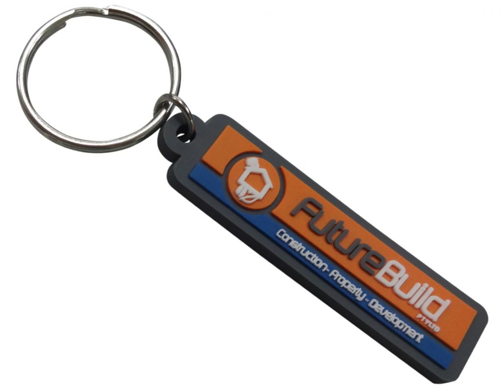 A custom rubber keychain for the 'Future Build' construction company, with a two-colour 2D logo.