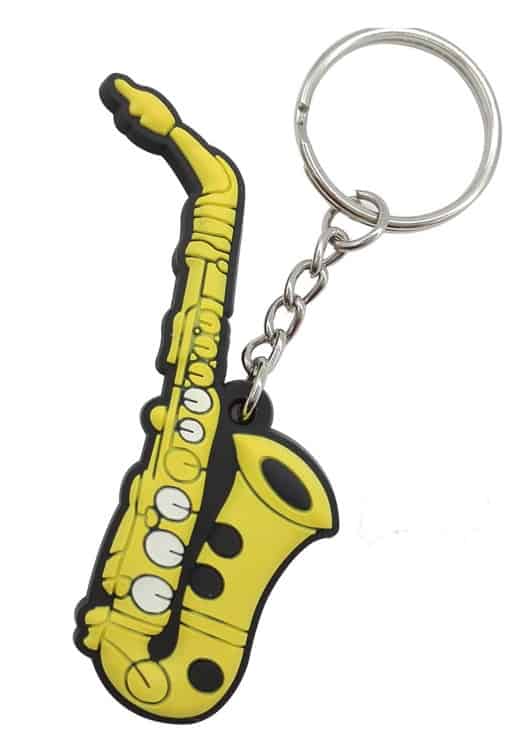 Custom rubber keyring with a 2D logo in the shape of a saxophone.