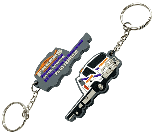 Towing truck custom rubber keyring with 2D logo on both sides.