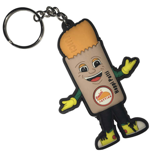 Custom promotional keyring in the shape of a comical branded figure. This design features a 2D logo on both sides.
