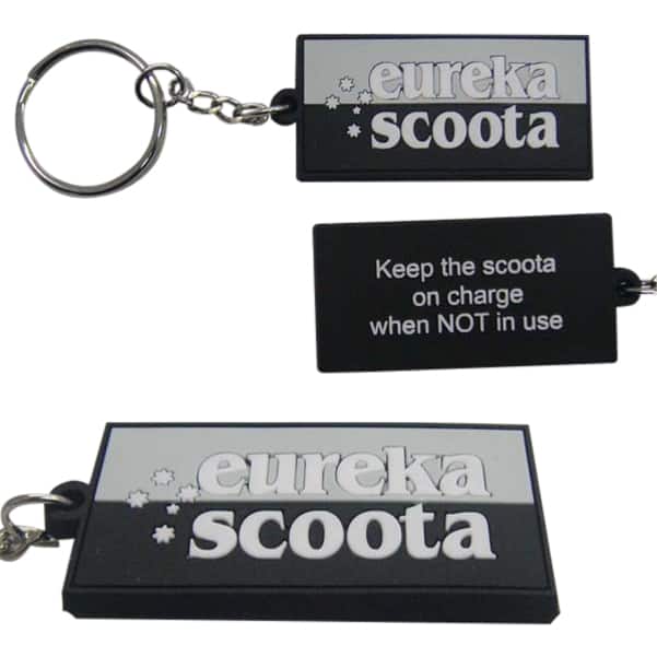 Custom rubber keyring for a Scoota company. This has a 2D logo on the front and printed slogan on the back.