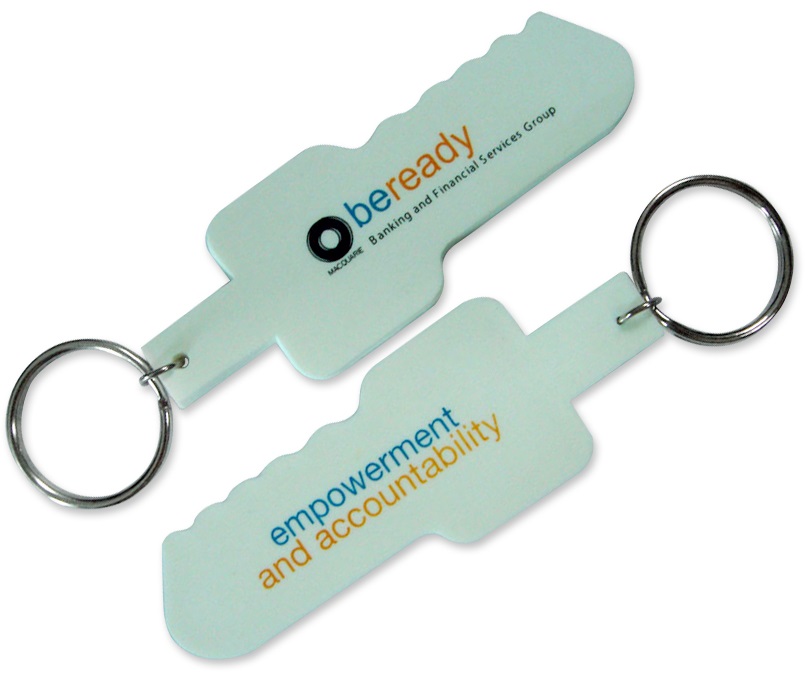 Key shaped personalised rubber keyrings for Macquarie Bank. This features a 3 colour logo on the front and the back.