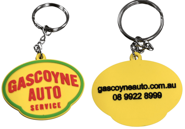Double sided embossed custom rubber keyring for a car service business. Two colour logo on front, and 1 colour embossed writing on the back.
