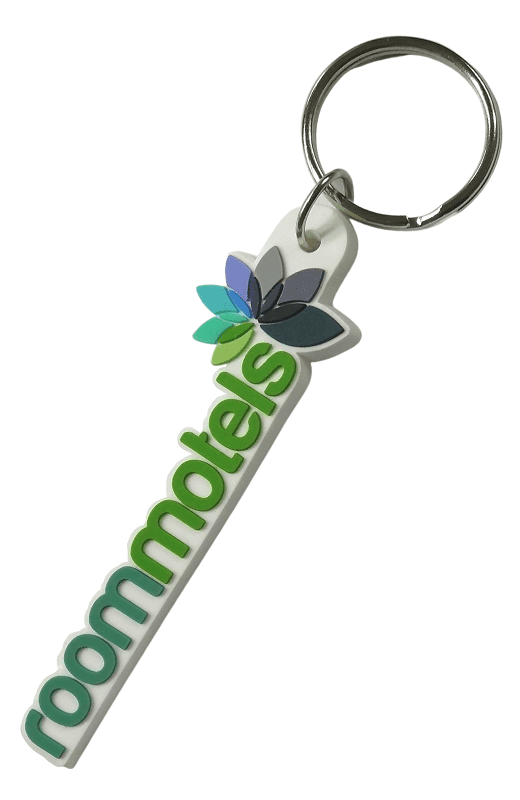 Custom rubber keyring with embossed logo for boutique motel company.