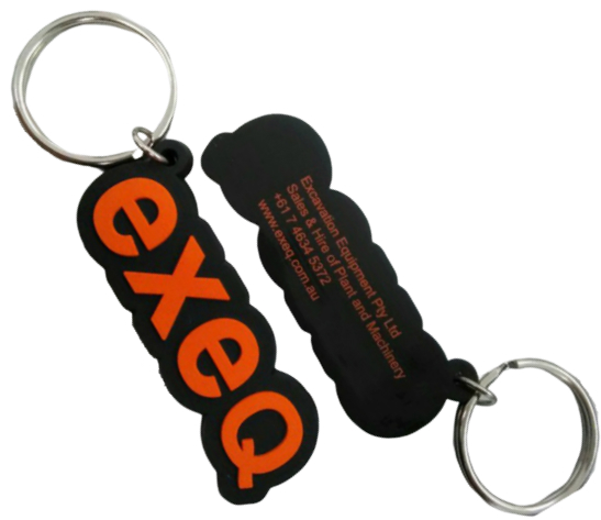 Custom rubber keyrings for civil construction company with 1 colour 2D logo on the front and 1 colour print on the back.