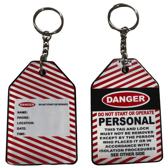 An industrial safety tag created as a custom rubber keyring. It has a bold warning message on the front, and space on the back to hand write specific details related to where this tag is connected to.