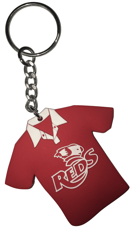 Custom Rubber Keyring in shape of a red sporting team shirt.