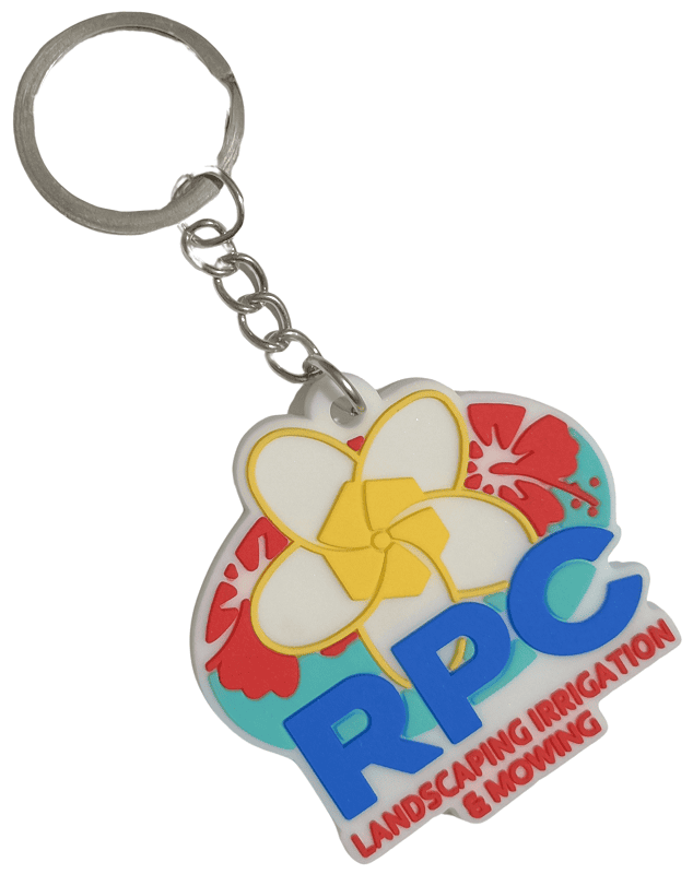 Embossed custom rubber keyring with 5 colour logo for a landscaping company.