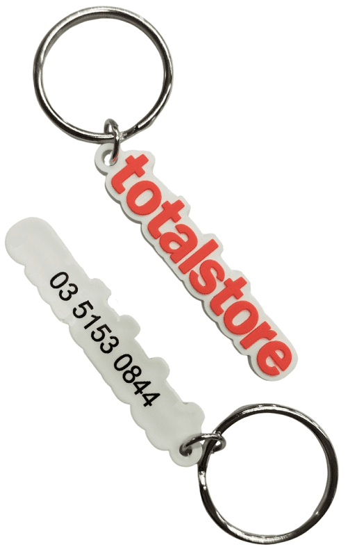 Custom rubber keyring with 2D logo on front and 1 colour print on the back for a self storage facility. 