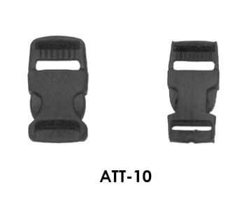 Att-10 black plastic lanyard breakaway clips. Theses are pictured in two width options. 