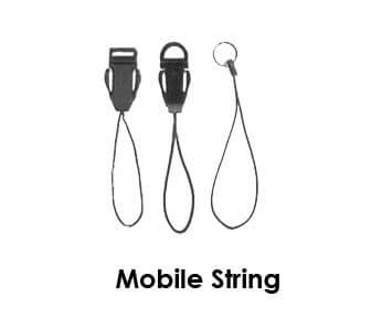 Mobile phone string lanyard clips with breakaway functionality. Three design options are pictured in this photo.