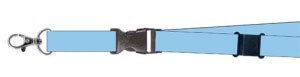 Lanyard safety breakway clip and manual release plastic lanyard breakaway pictured on a light blue lanyard with a metal swivel hook.