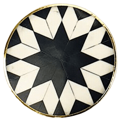 Circular custom metal drink coaster featuring a star black and white pattern.