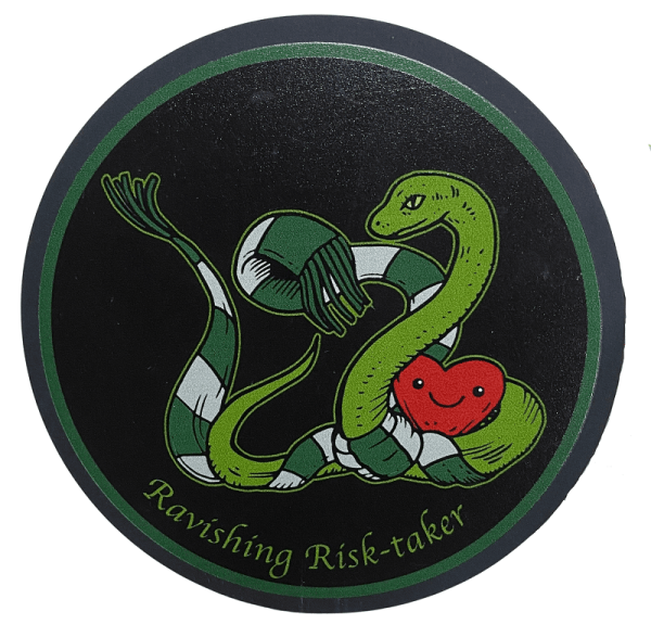 A circular custom pvc drink coaster with a printed logo. The logo features a green snake, dark white and green scarf, red heart with smiley face and green written slogan on the bottom.