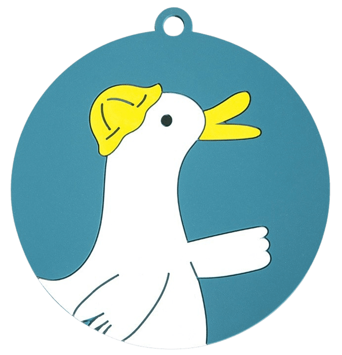 Circular custom silicone drink coaster with a design which dipicts a duck wearing a yellow hat.