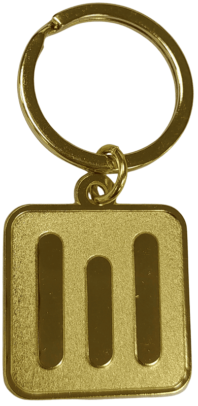 Custom copper plated keyring in shape of a square with raised metal for a building company. 