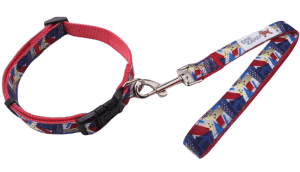 A white custom dog leash with a high-resolution, full-colour printed logo.