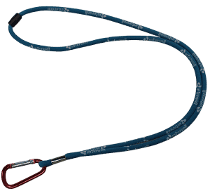 A black corded lanyard featuring a red carabiner hook and a red safety buckle.