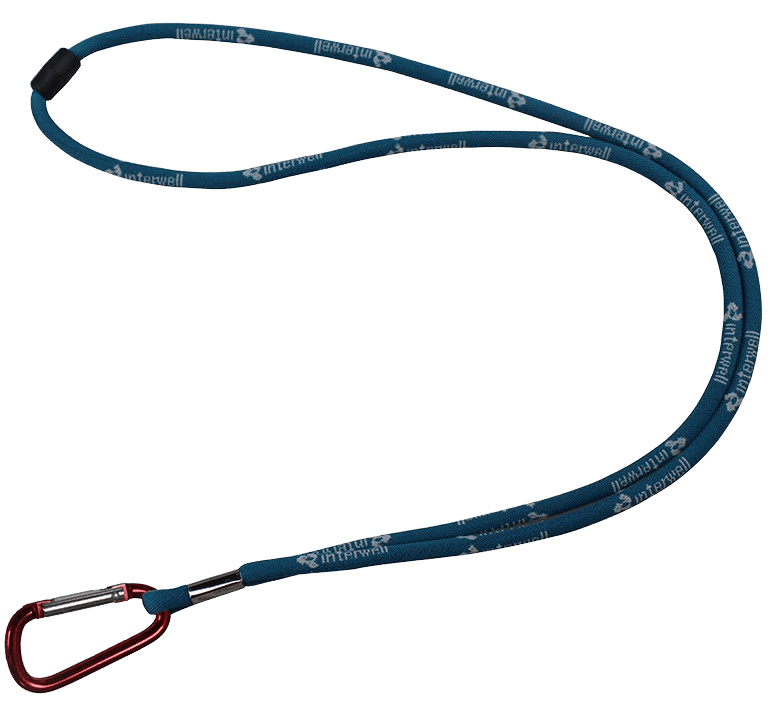 Corded lanyard with a red carabiner hook and safety buckle.