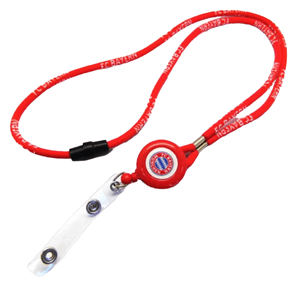 Red corded lanyard with a pull reel and safety buckle.