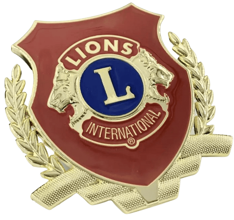 Custom metal badge with gold plating for Lions International community group.