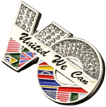 Silver plated custom metal badges in shape of letters with water diamonds and flag imagery.
