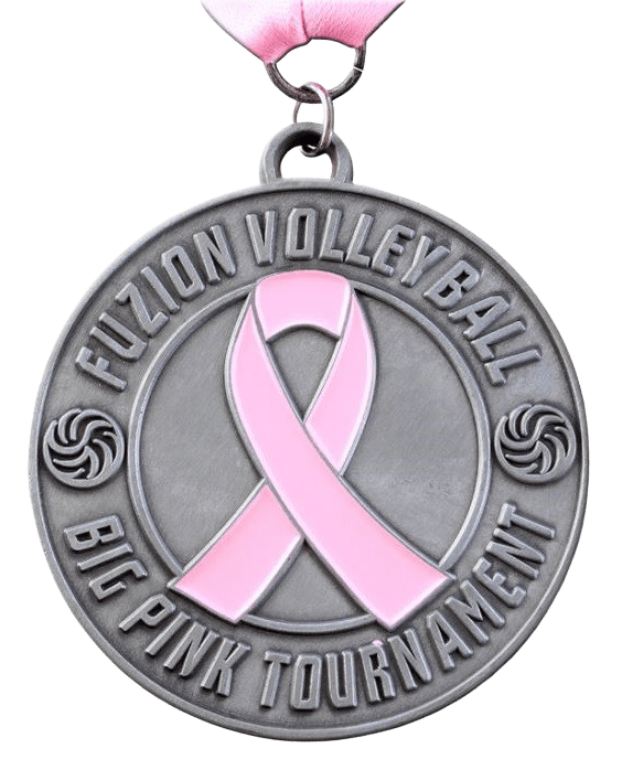 Circlar custom made medallion for a volleyball tournament. It features a 2D pink ribbon image at the centre of the medal and matching ribbon to hang from your clothing.