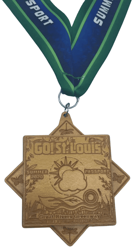 Square custom wooden medal featuring an engraved logo and ribbon a personalised print.
