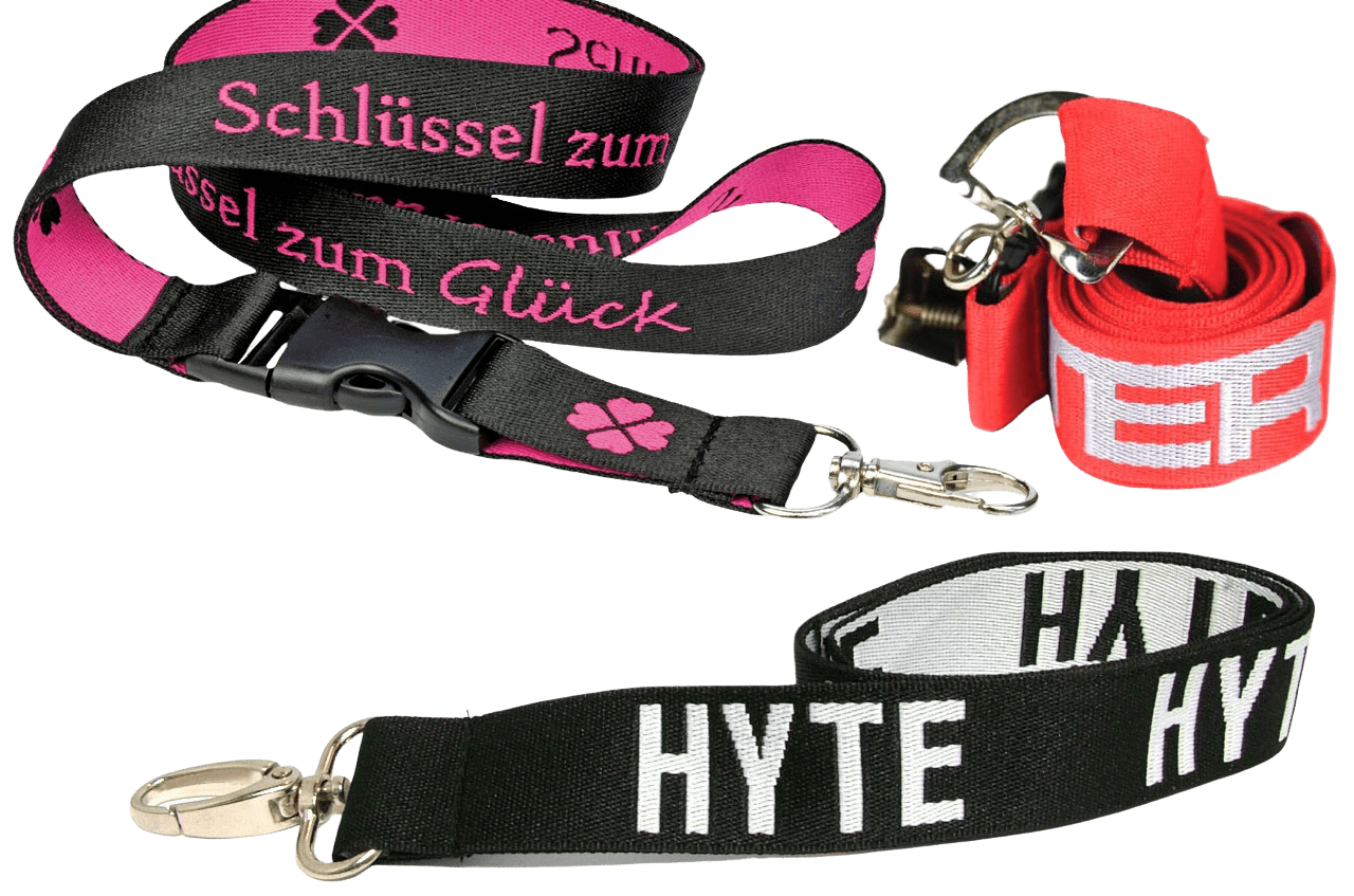 Custom woven lanyards various designs pictured with accessories.