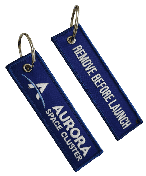Navy blue with white logo custom embroidered keyring for a space organisation.