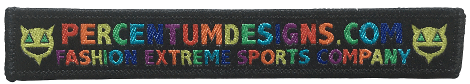 Rectangle embroidered patch for a clothing brand with rainbow coloured wording and a special face logo on each side.