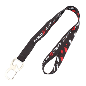 A blue and white heat transfer lanyard with a simple two-colour printed logo.