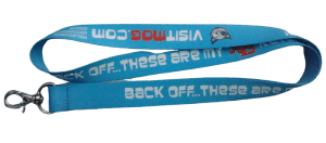 A blue heat transfer lanyard for an orthodontic company, with a full-colour logo and metal swivel hook.