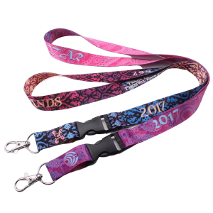 A collection of vibrant, full-colour sublimation lanyards with metal and plastic attachments.