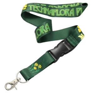 A green heat transfer lanyard with a light green and yellow printed logo.