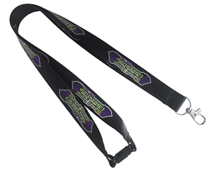 Rugged black heat transfer lanyard for a diesel mechanic business. These lanyards feature a metal swivel hook, plastic safety breakaway clip and full colour logo printed with dye sublimation.