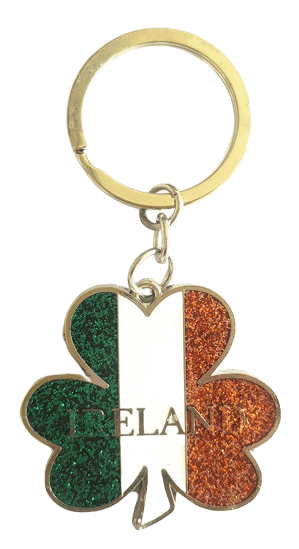 Flower shaped custom metal keyring with embossed logo. It features a coloured internal speckled dust effect and protective colour coating over the logo.