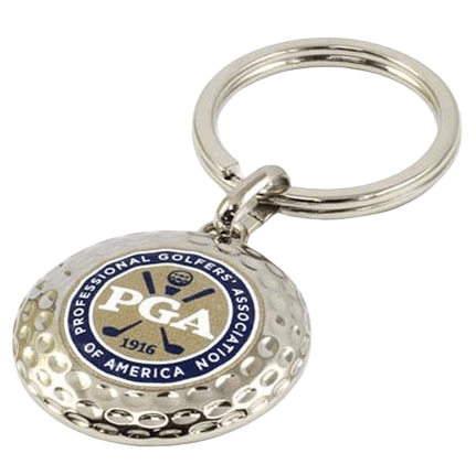 Circular custom metal keyring in silver and printed logo. It is for a professional golfers association.