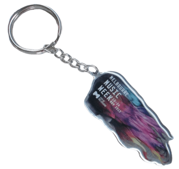 Special cut shape custom metal keyring with full colour high resolution logo on the front.